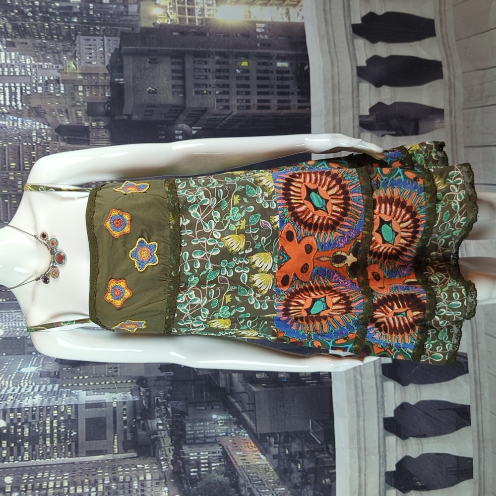 DESIGUAL sz M Cotton Spaghetti Strap Printed Mini Embellished Multicolor Dress